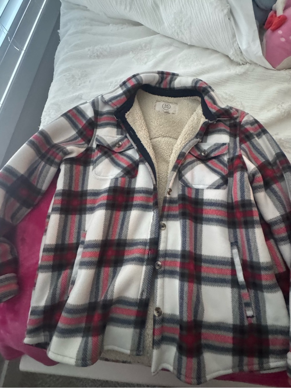 Sherpa-Lined Plaid Jacket - White, Red & blue